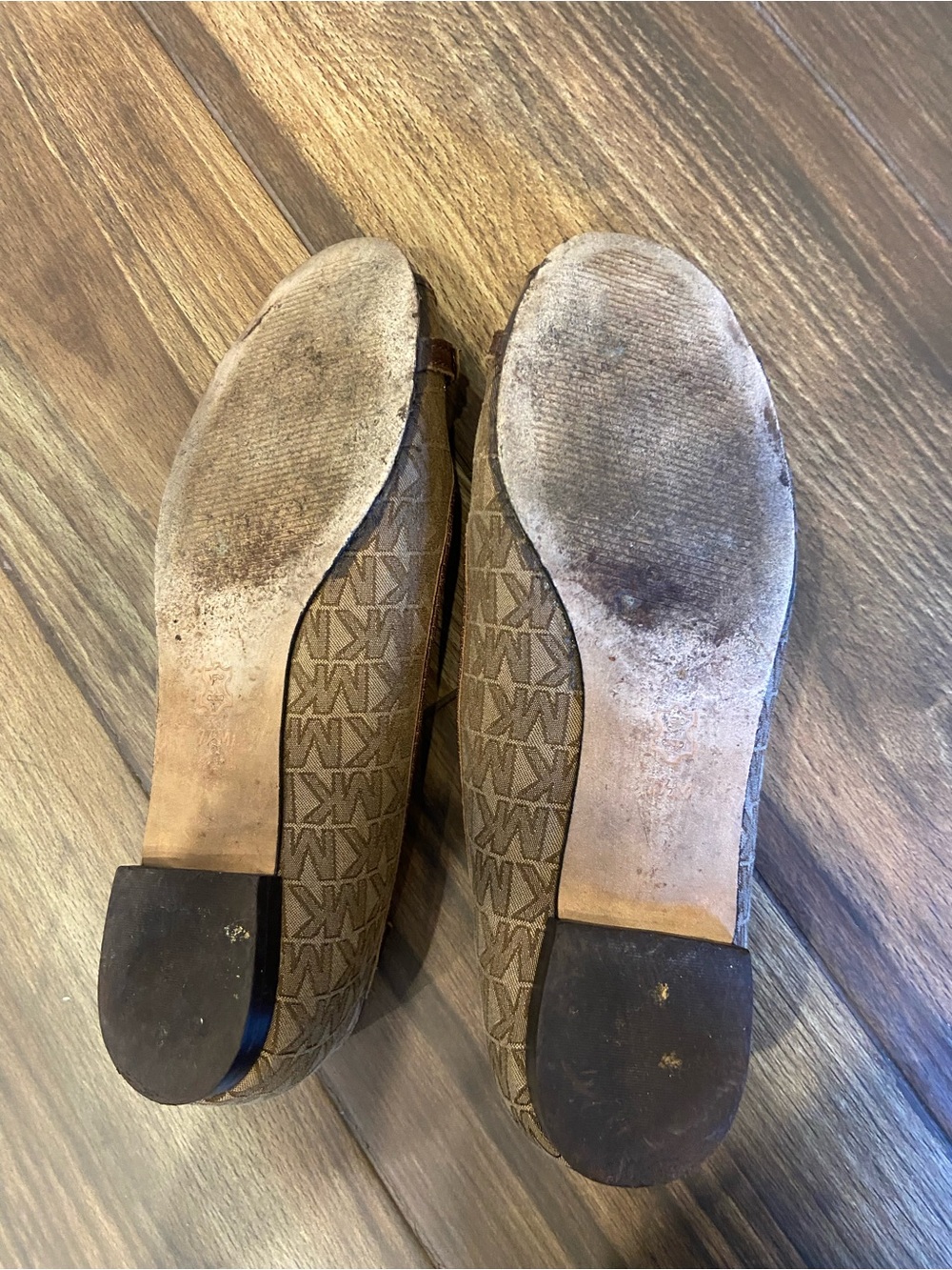 Michael Kors Brown Logo Open-Toe Ballet Flats with Gold Medallion - Picture 7 of 9